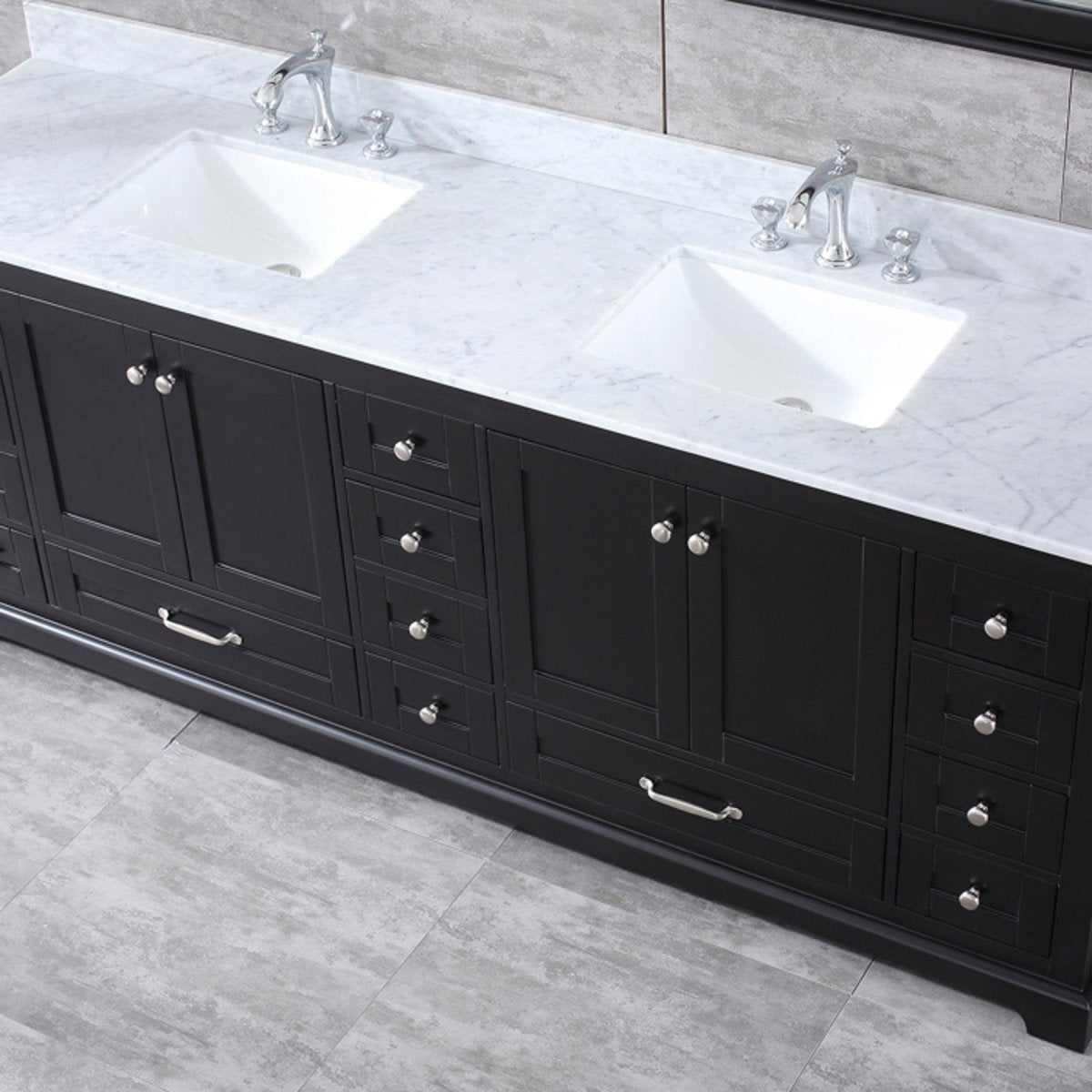 Dukes 84" Espresso Double Vanity, White Carrara Marble Top, White Square Sinks and 34" Mirrors w/ Faucets