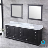 Dukes 84" Espresso Double Vanity, White Carrara Marble Top, White Square Sinks and 34" Mirrors w/ Faucets