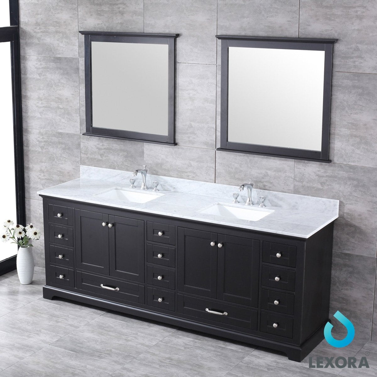 Dukes 84" Espresso Double Vanity, White Carrara Marble Top, White Square Sinks and 34" Mirrors w/ Faucets