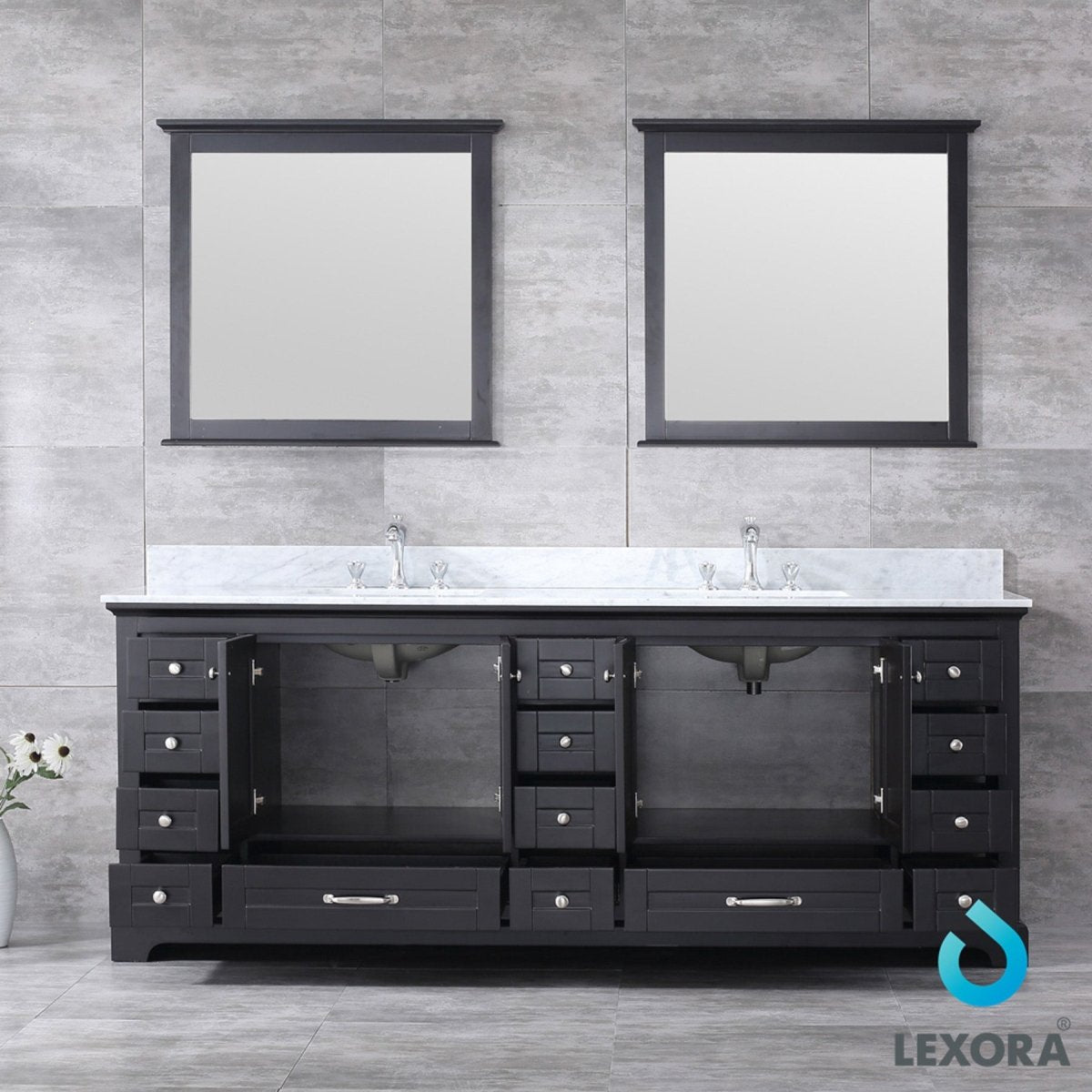 Dukes 84" Espresso Double Vanity, White Carrara Marble Top, White Square Sinks and 34" Mirrors w/ Faucets