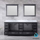 Dukes 84" Espresso Double Vanity, White Carrara Marble Top, White Square Sinks and 34" Mirrors w/ Faucets