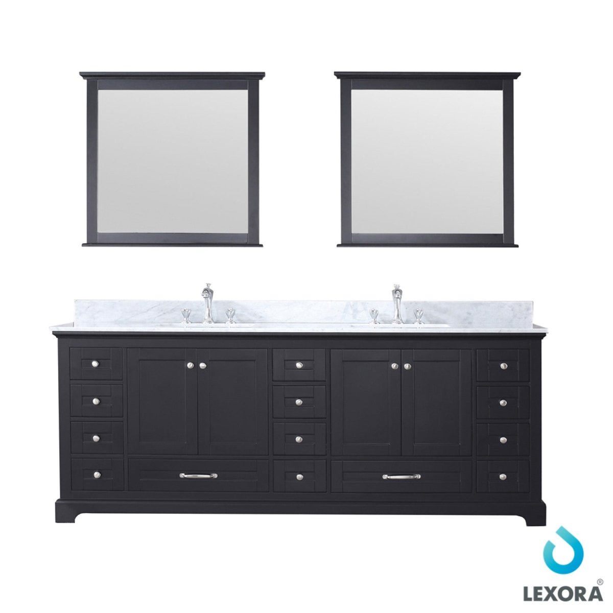 Dukes 84" Espresso Double Vanity, White Carrara Marble Top, White Square Sinks and 34" Mirrors w/ Faucets