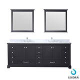 Dukes 84" Espresso Double Vanity, White Carrara Marble Top, White Square Sinks and 34" Mirrors w/ Faucets