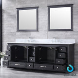 Dukes 84" Espresso Double Vanity, White Carrara Marble Top, White Square Sinks and 34" Mirrors w/ Faucets
