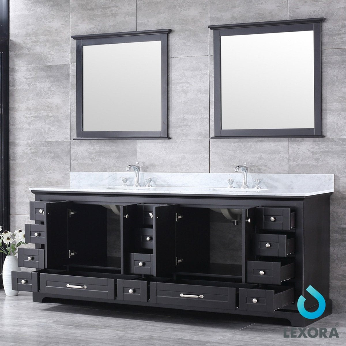 Dukes 84" Espresso Double Vanity, White Carrara Marble Top, White Square Sinks and 34" Mirrors w/ Faucets