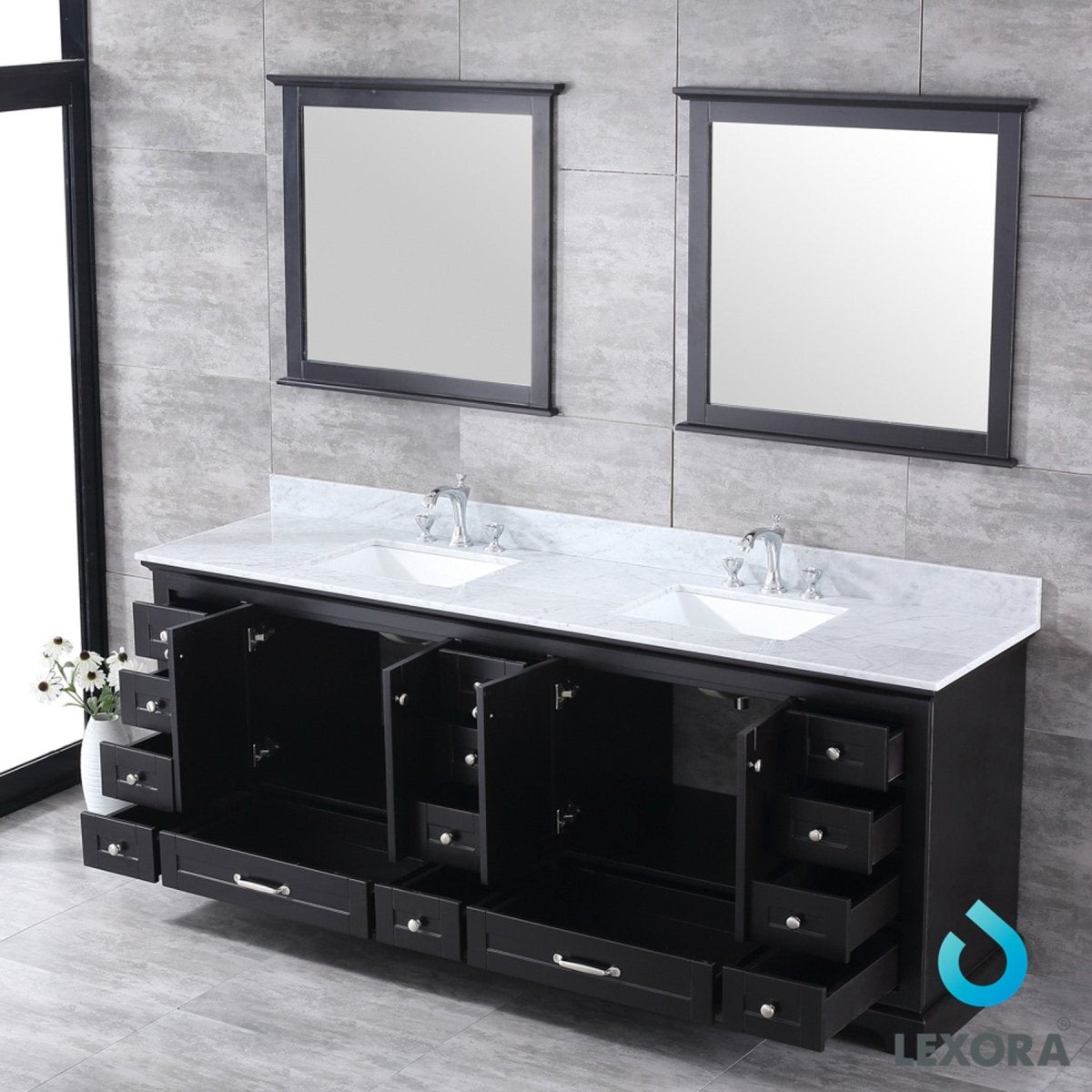 Dukes 84" Espresso Double Vanity, White Carrara Marble Top, White Square Sinks and 34" Mirrors w/ Faucets