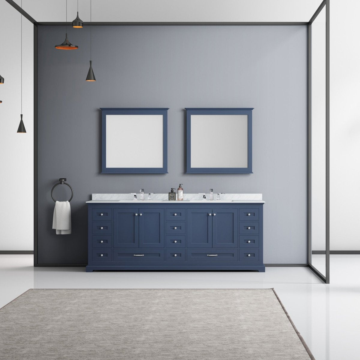 Dukes 84" Navy Blue Double Vanity, White Carrara Marble Top, White Square Sinks and 34" Mirrors