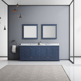 Dukes 84" Navy Blue Double Vanity, White Carrara Marble Top, White Square Sinks and 34" Mirrors
