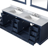 Dukes 84" Navy Blue Double Vanity, White Carrara Marble Top, White Square Sinks and 34" Mirrors