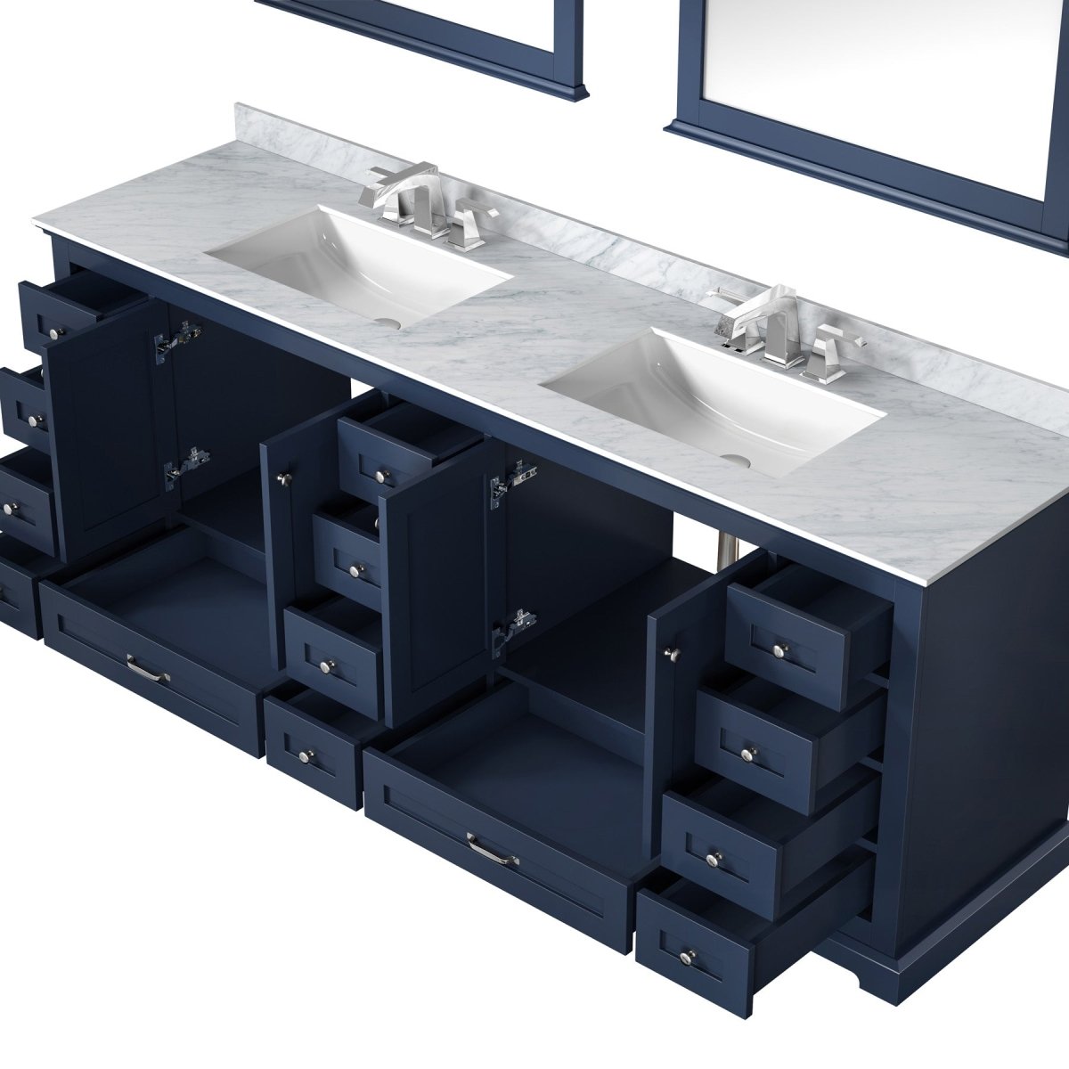 Dukes 84" Navy Blue Double Vanity, White Carrara Marble Top, White Square Sinks and 34" Mirrors