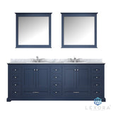 Dukes 84" Navy Blue Double Vanity, White Carrara Marble Top, White Square Sinks and 34" Mirrors