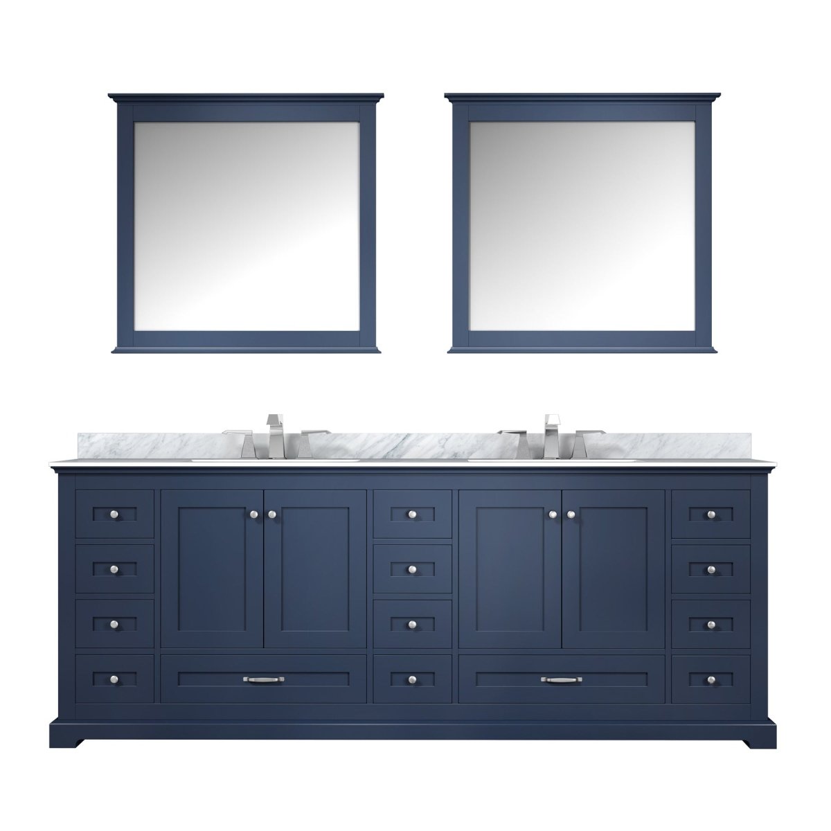 Dukes 84" Navy Blue Double Vanity, White Carrara Marble Top, White Square Sinks and 34" Mirrors