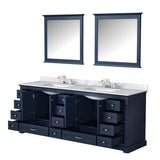 Dukes 84" Navy Blue Double Vanity, White Carrara Marble Top, White Square Sinks and 34" Mirrors
