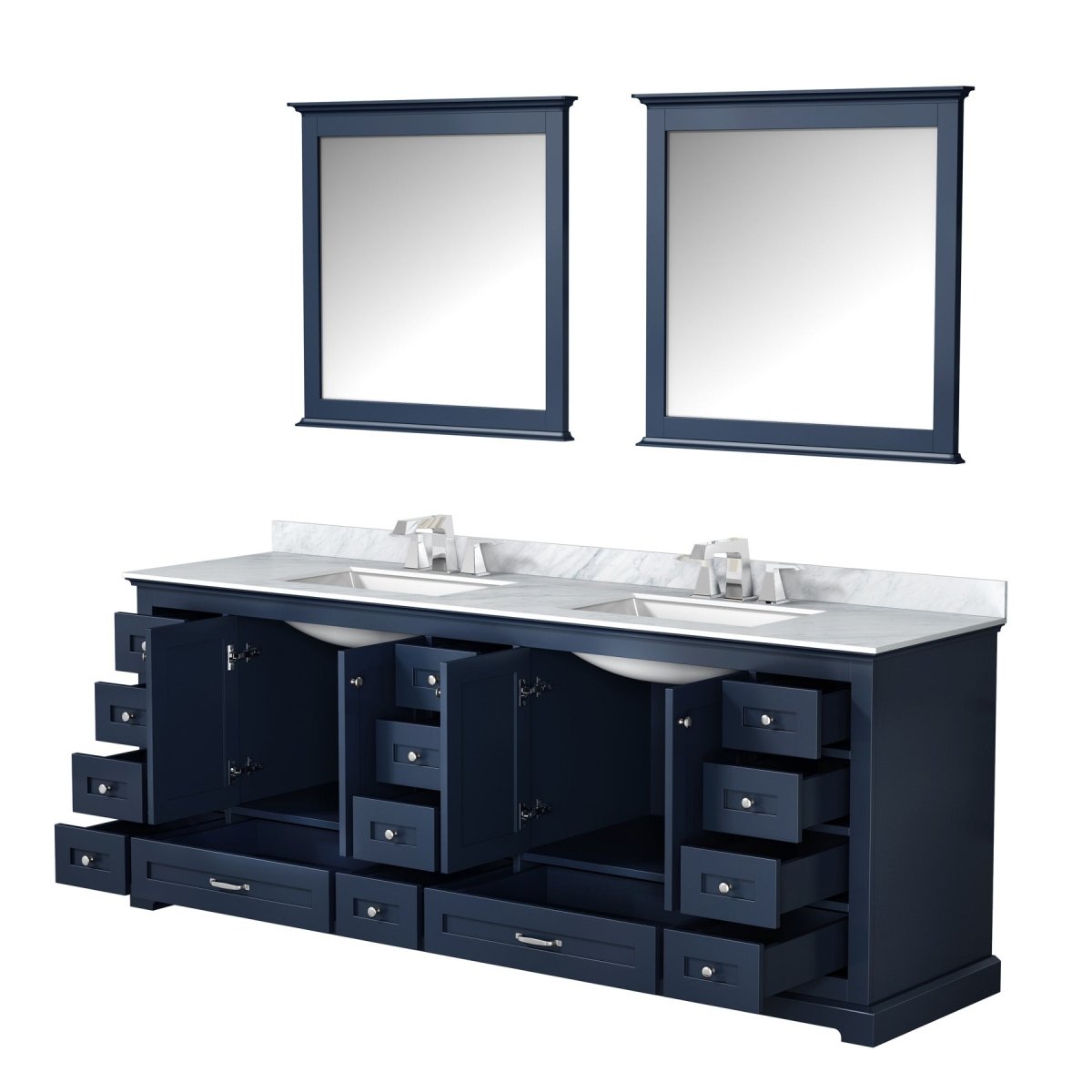 Dukes 84" Navy Blue Double Vanity, White Carrara Marble Top, White Square Sinks and 34" Mirrors w/ Faucets