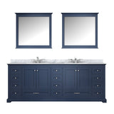 Dukes 84" Navy Blue Double Vanity, White Carrara Marble Top, White Square Sinks and 34" Mirrors w/ Faucets