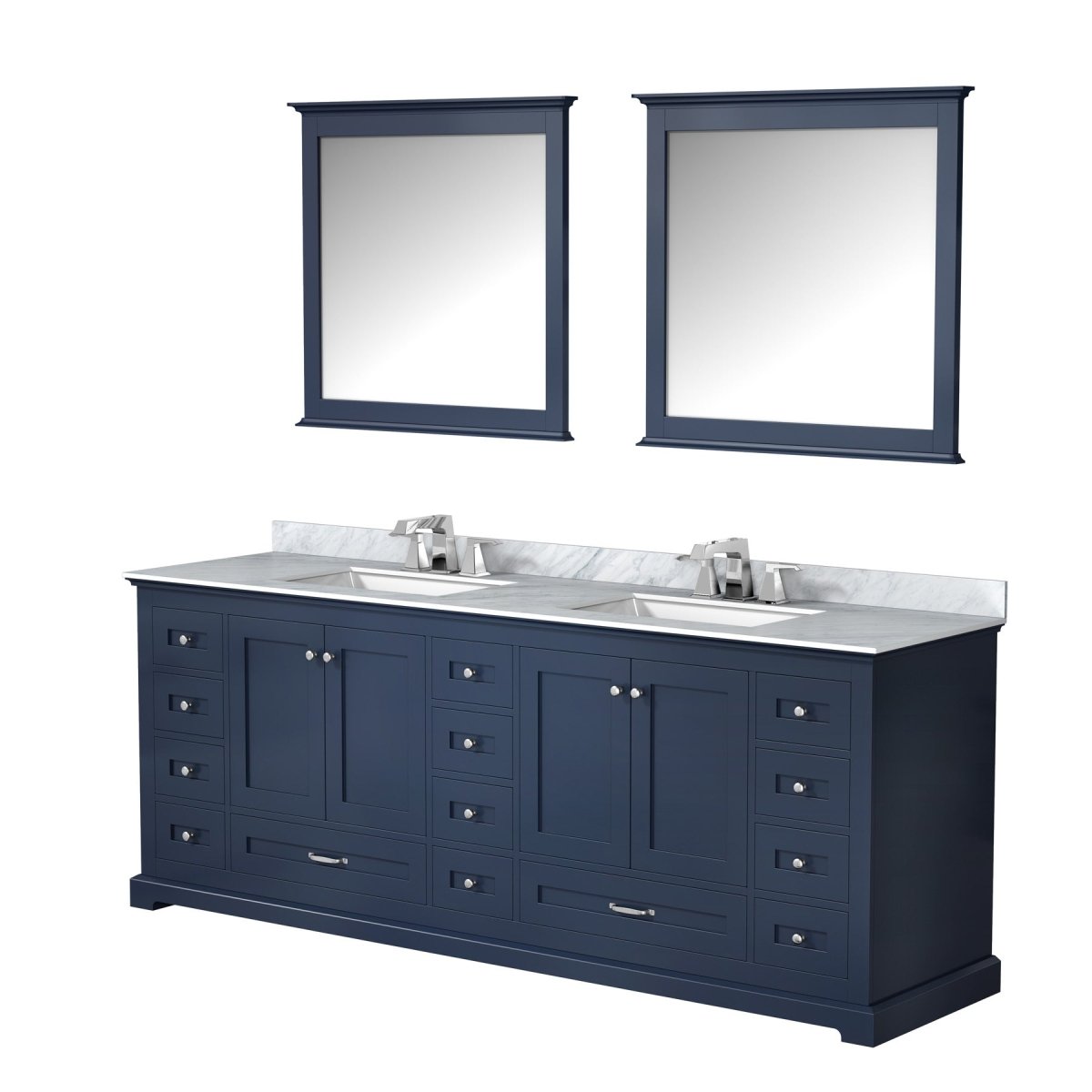 Dukes 84" Navy Blue Double Vanity, White Carrara Marble Top, White Square Sinks and 34" Mirrors w/ Faucets