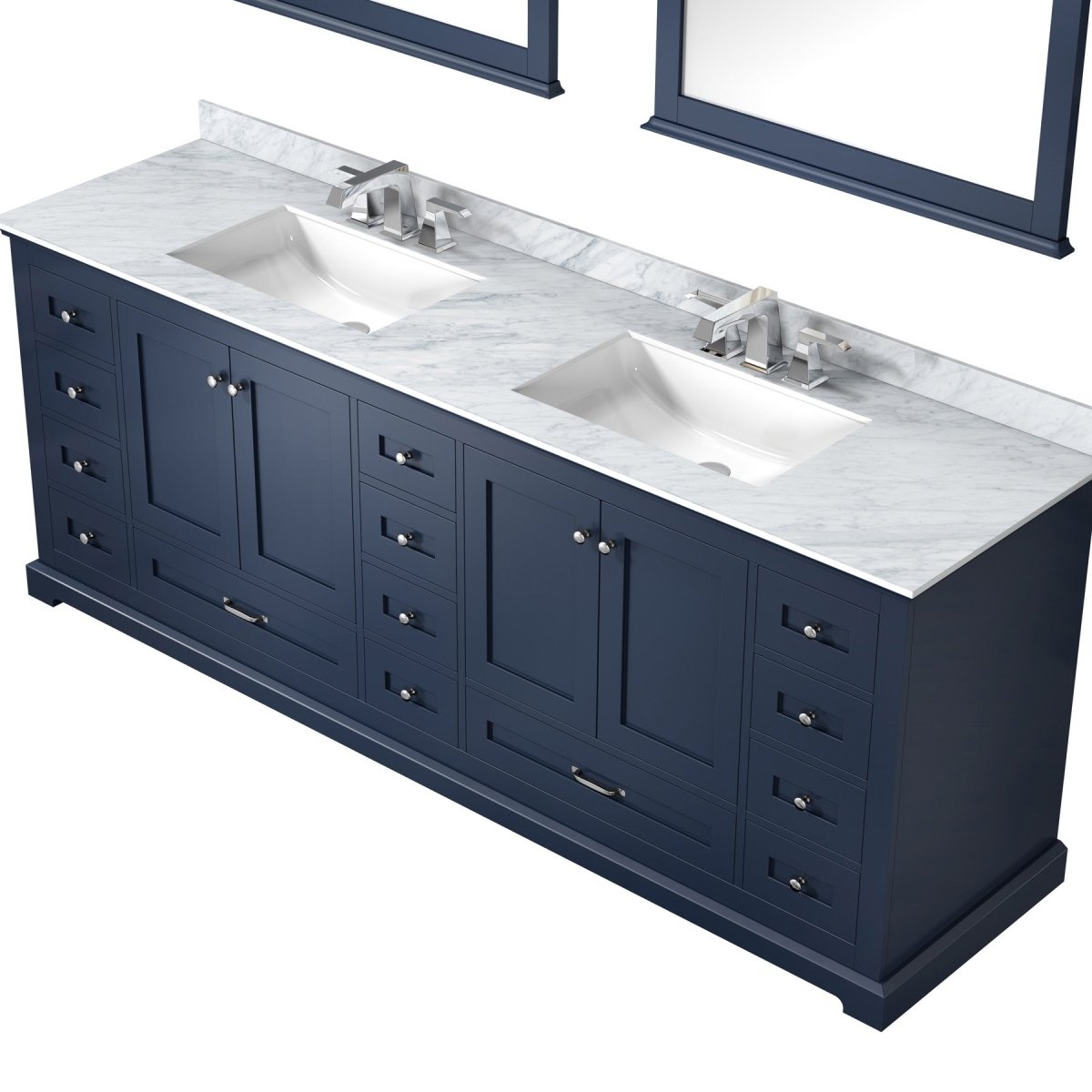 Dukes 84" Navy Blue Double Vanity, White Carrara Marble Top, White Square Sinks and 34" Mirrors w/ Faucets