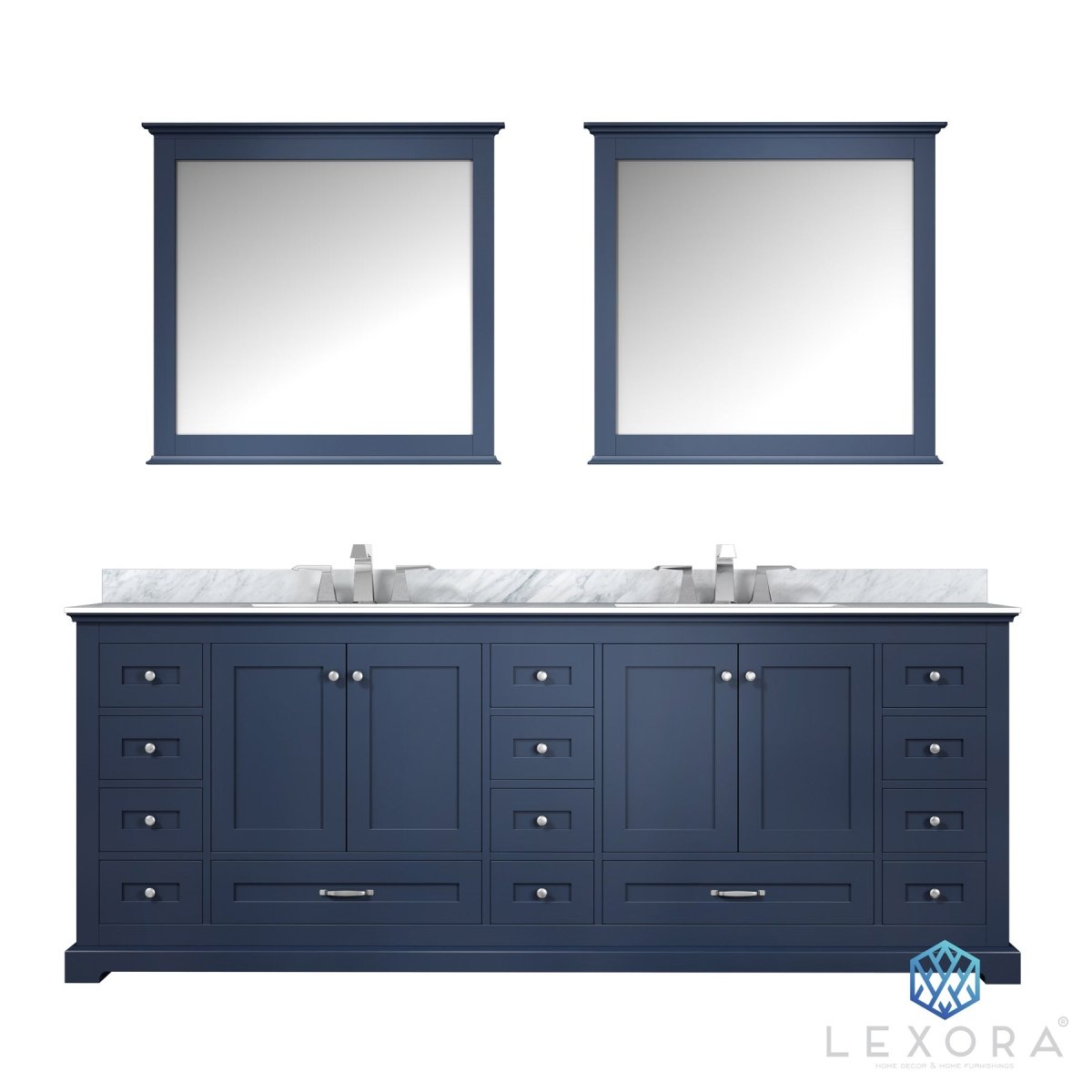Dukes 84" Navy Blue Double Vanity, White Carrara Marble Top, White Square Sinks and 34" Mirrors w/ Faucets