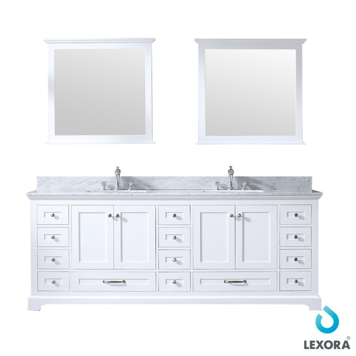 Dukes 84" White Double Vanity, White Carrara Marble Top, White Square Sinks and 34" Mirrors w/ Faucets