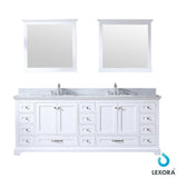 Dukes 84" White Double Vanity, White Carrara Marble Top, White Square Sinks and 34" Mirrors w/ Faucets