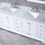 Dukes 84" White Double Vanity, White Carrara Marble Top, White Square Sinks and 34" Mirrors w/ Faucets
