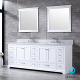 Dukes 84" White Double Vanity, White Carrara Marble Top, White Square Sinks and 34" Mirrors w/ Faucets