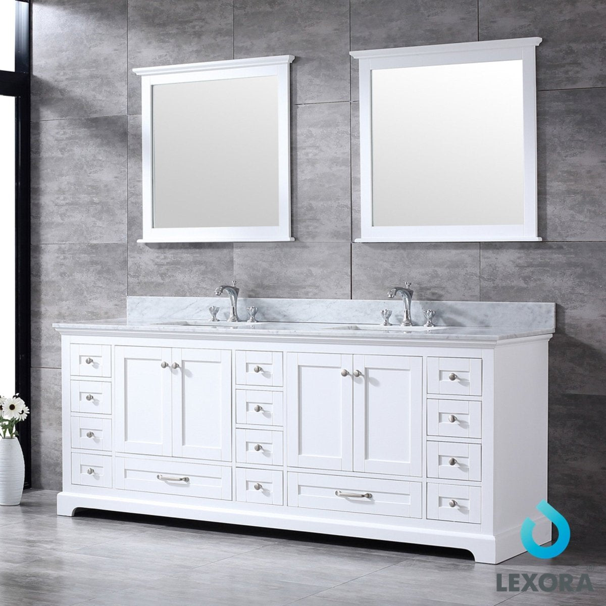 Dukes 84" White Double Vanity, White Carrara Marble Top, White Square Sinks and 34" Mirrors w/ Faucets