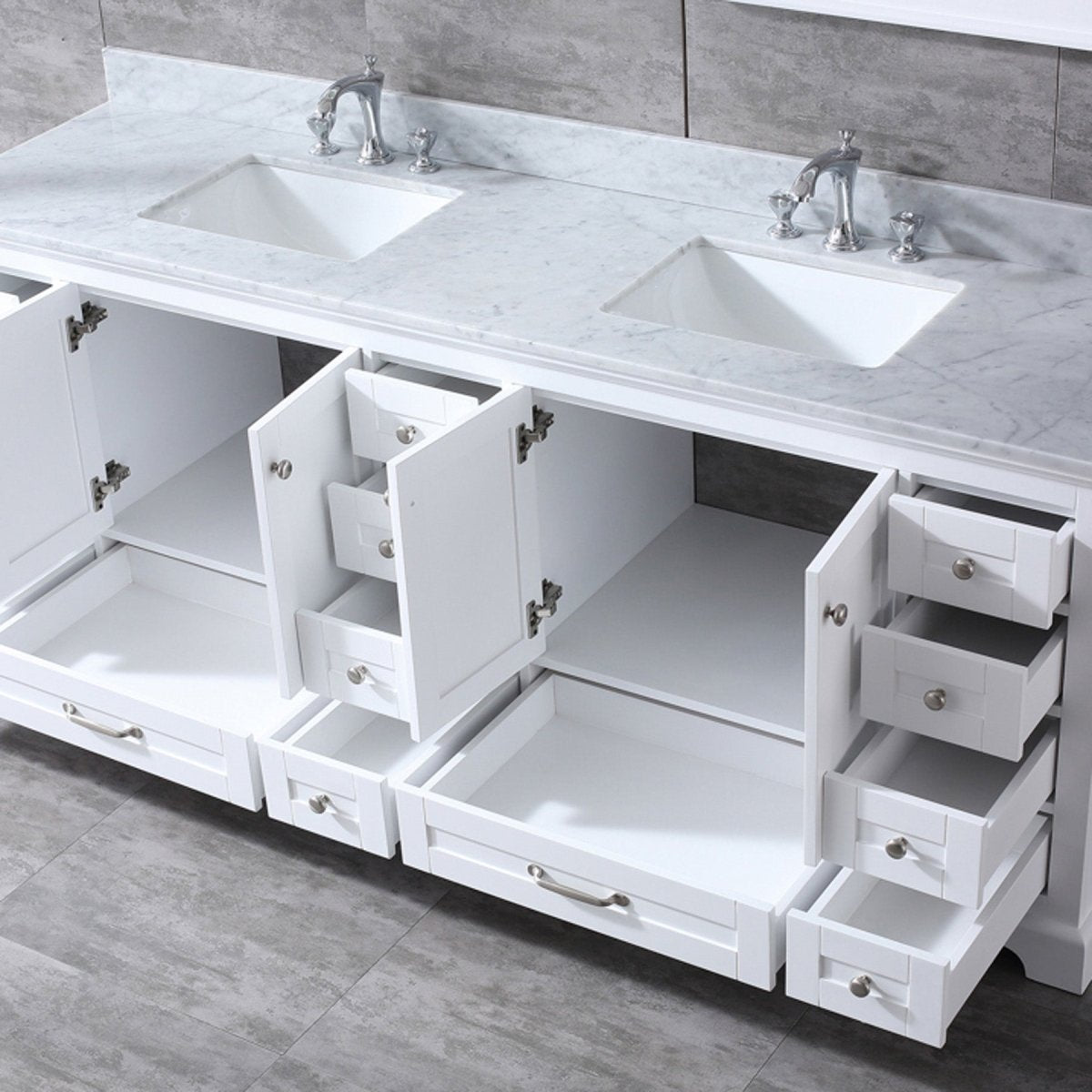 Dukes 84" White Double Vanity, White Carrara Marble Top, White Square Sinks and 34" Mirrors w/ Faucets