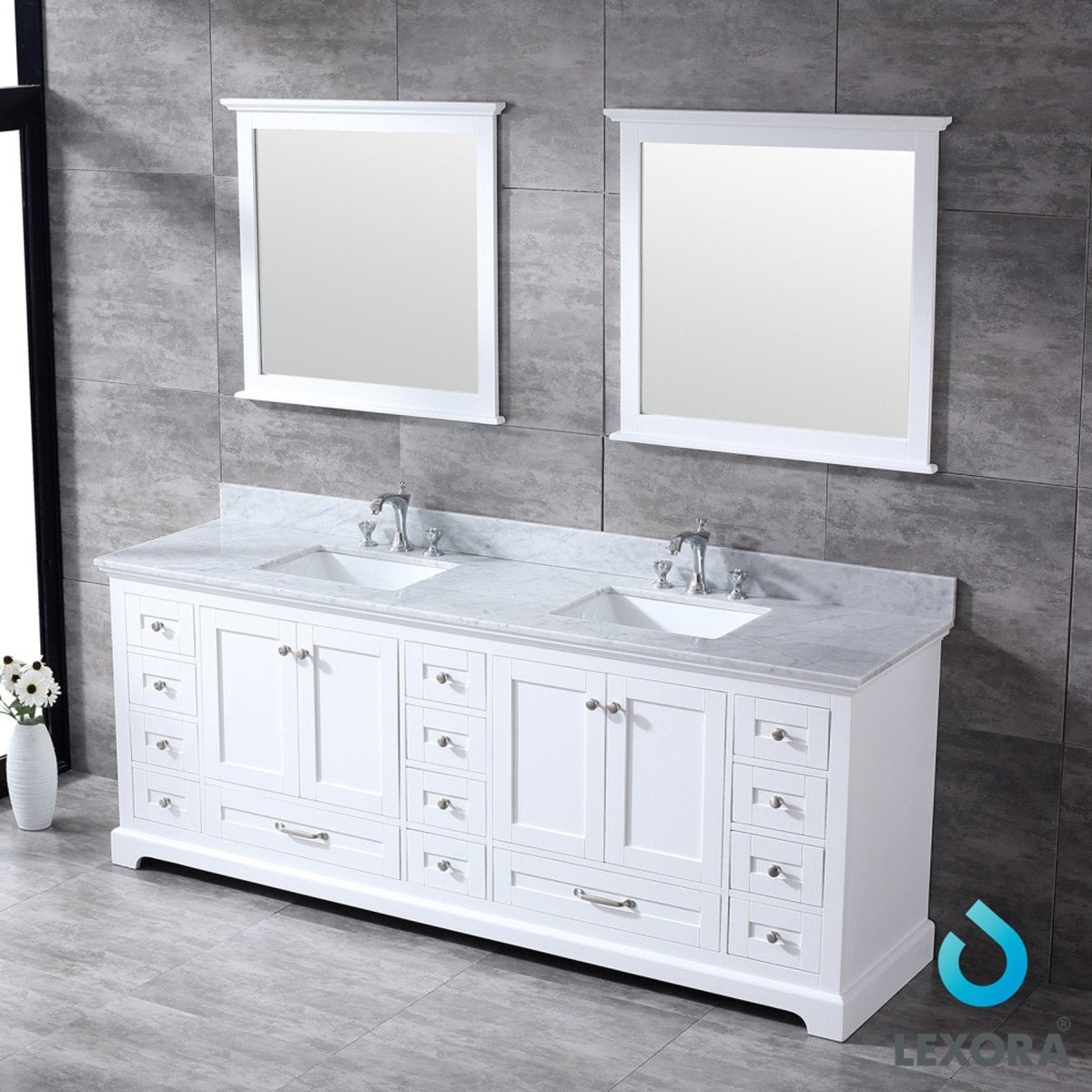 Dukes 84" White Double Vanity, White Carrara Marble Top, White Square Sinks and 34" Mirrors w/ Faucets