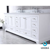Dukes 84" White Double Vanity, White Carrara Marble Top, White Square Sinks and 34" Mirrors w/ Faucets