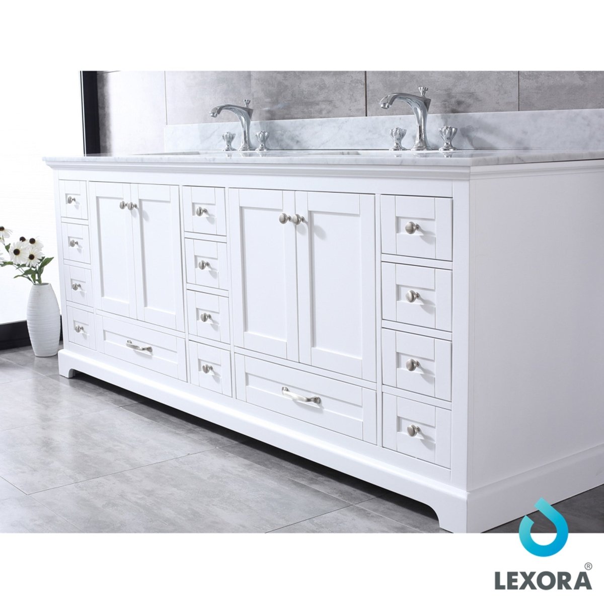 Dukes 84" White Double Vanity, White Carrara Marble Top, White Square Sinks and 34" Mirrors w/ Faucets