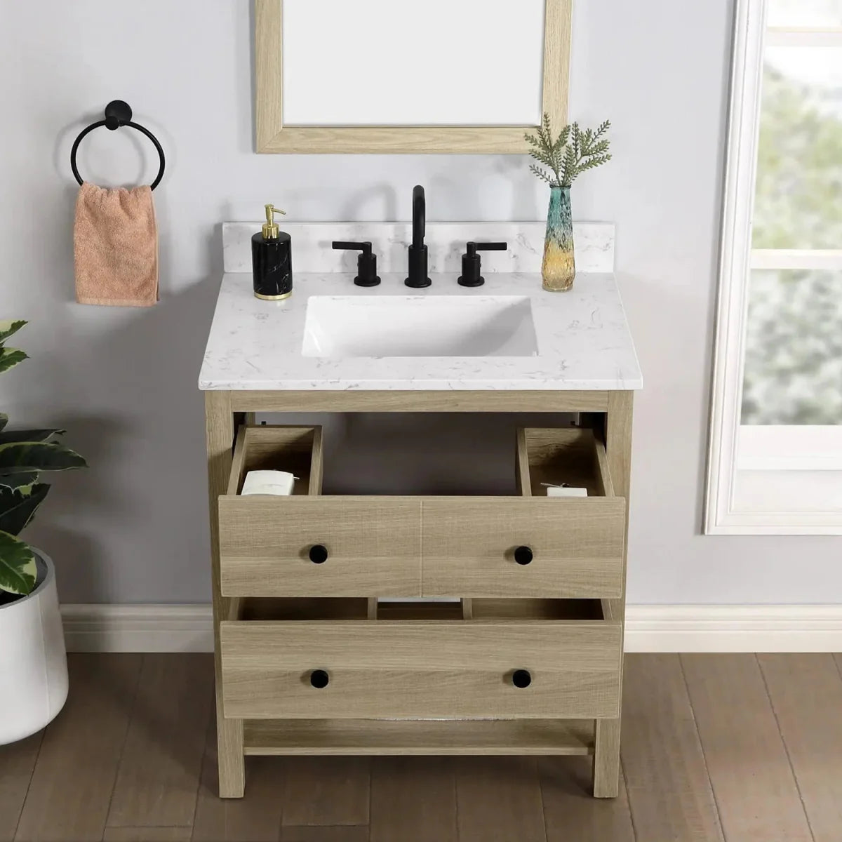 Encino 30-in Vanity Combo Light Oak with Carrara White Engineered Stone Top