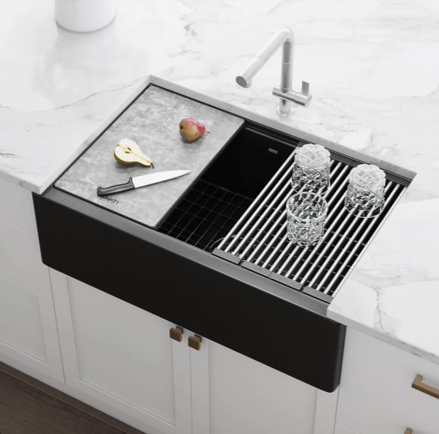 EpiCast - Ruvati 33-inch Matte Black Granite Farmhouse Workstation Apron-front Composite Single Basin Kitchen Sink