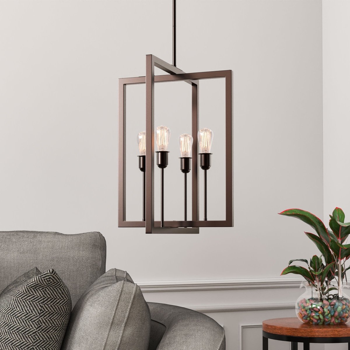 Farmhouse Chandelier, 4-Light Foyer Lighting for Dining Room, E26 Base, Brushed Nickel/Oil Rubbed Bronze Finish