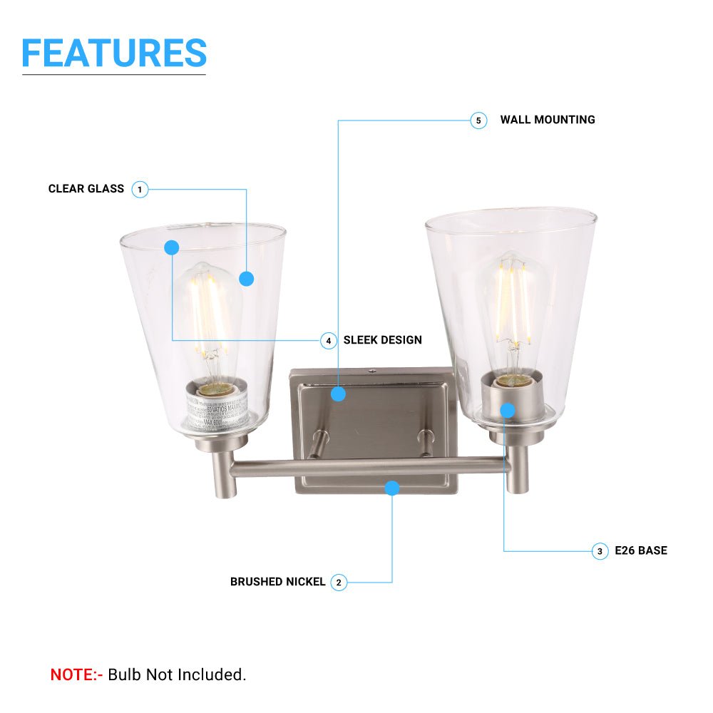 Flared Shape Bathroom Light Fixtures with Clear Glass Shade, E26 Base, UL Listed for Damp Location, Wall Mount, Bathroom Vanity Lighting