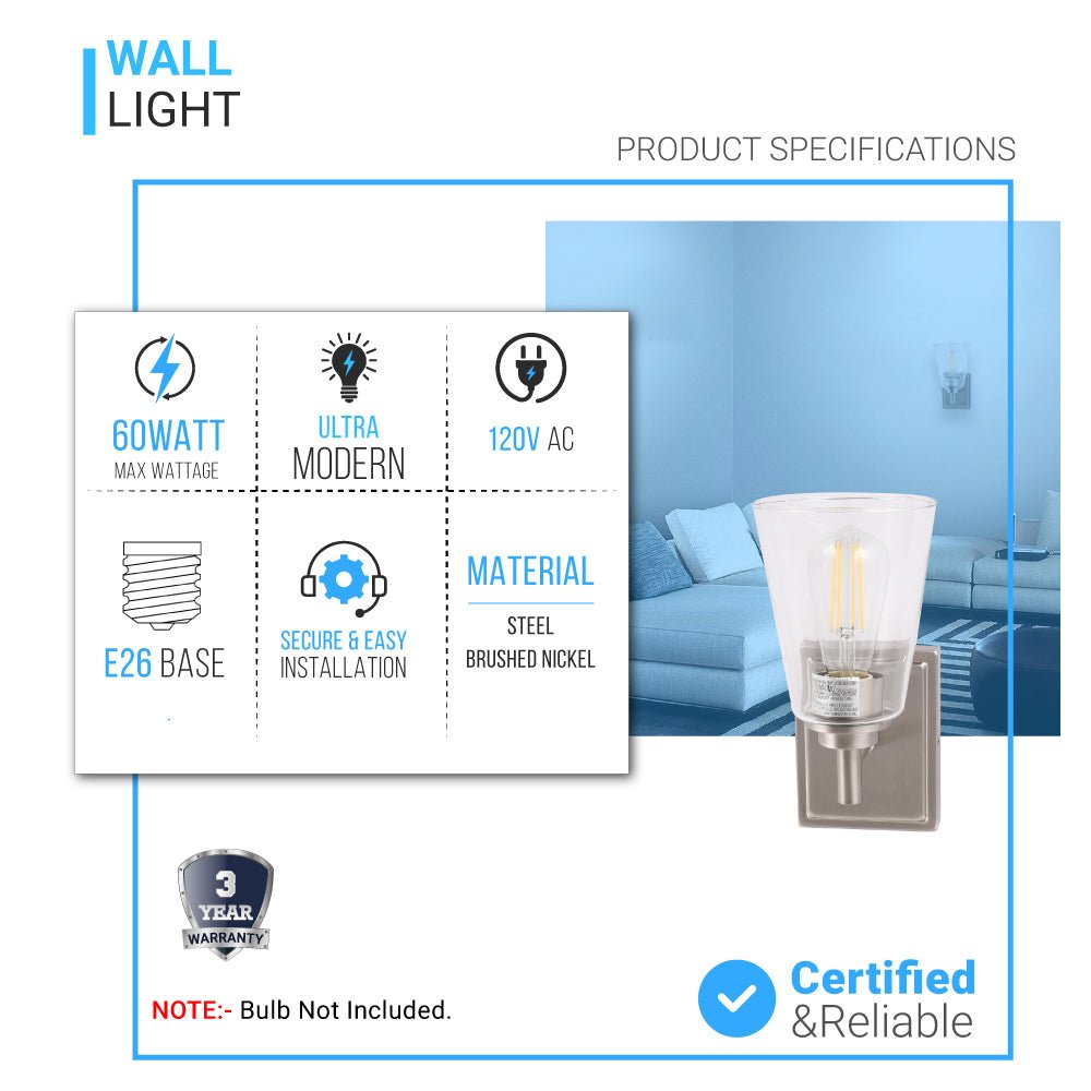 Flared Shape Bathroom Light Fixtures with Clear Glass Shade, E26 Base, UL Listed for Damp Location, Wall Mount, Bathroom Vanity Lighting