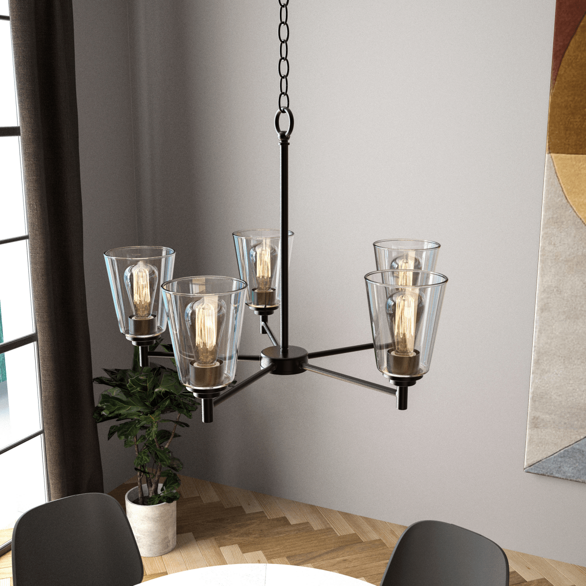 Flared Shape Chandelier Lighting Fixture with Clear Glass Shades, E26 Base, UL Listed for Damp Location, 3 Years Warranty
