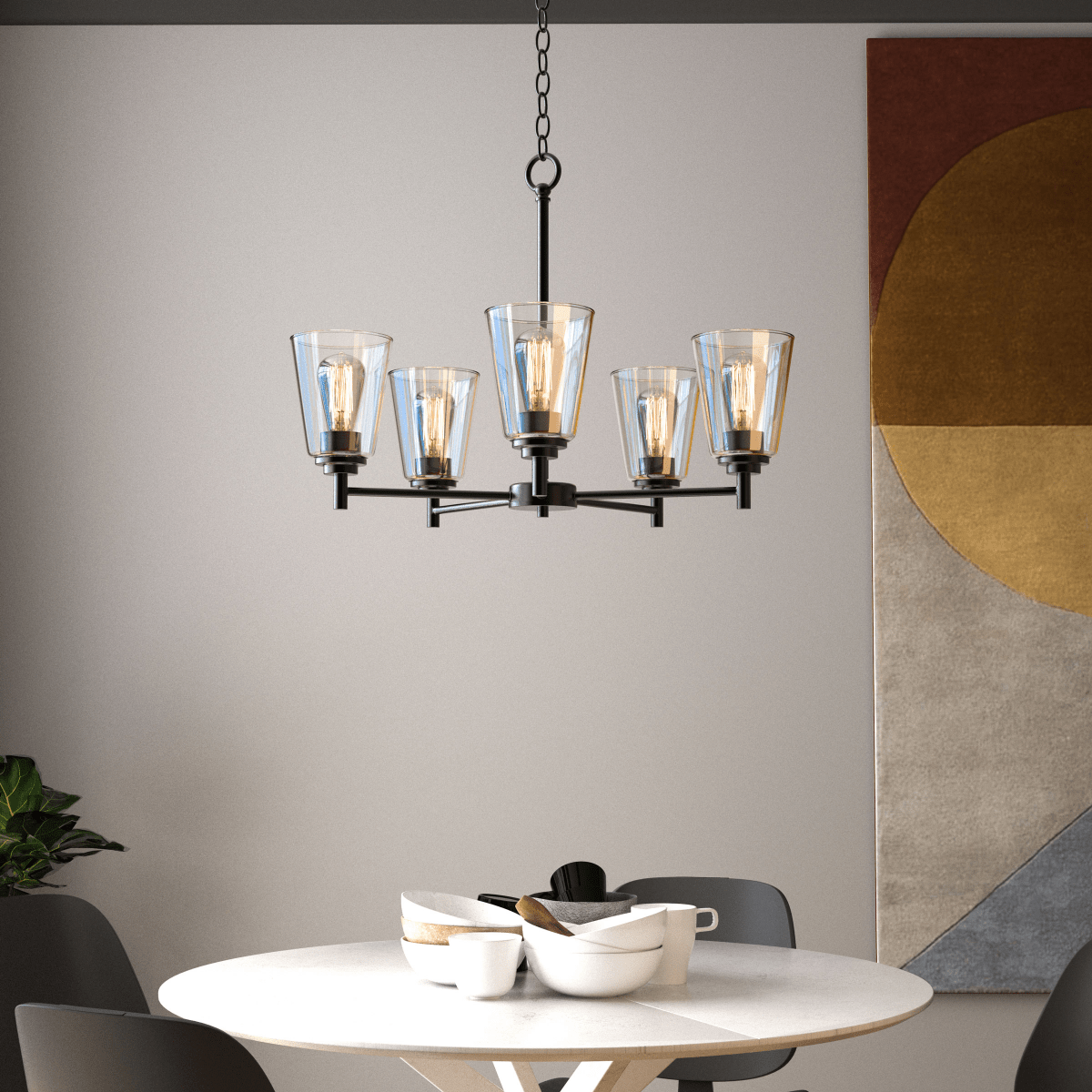 Flared Shape Chandelier Lighting Fixture with Clear Glass Shades, E26 Base, UL Listed for Damp Location, 3 Years Warranty