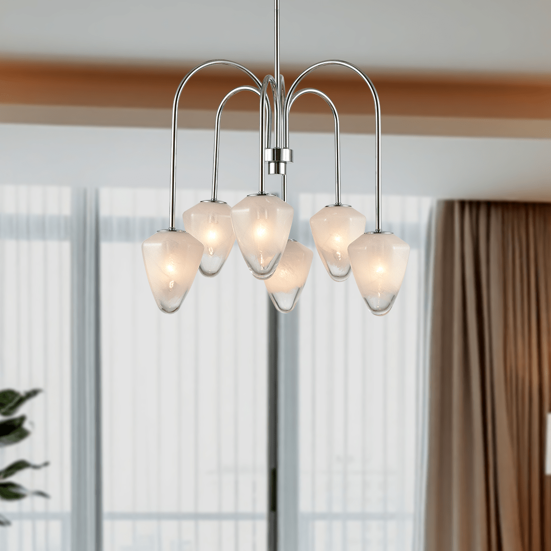 Flower Chandelier, 6-Light E12 Base, Polished Nickel Finish hardware with Snow White Glass Shades-Modern and Contemporary Chandelier - 24”D x 20“H