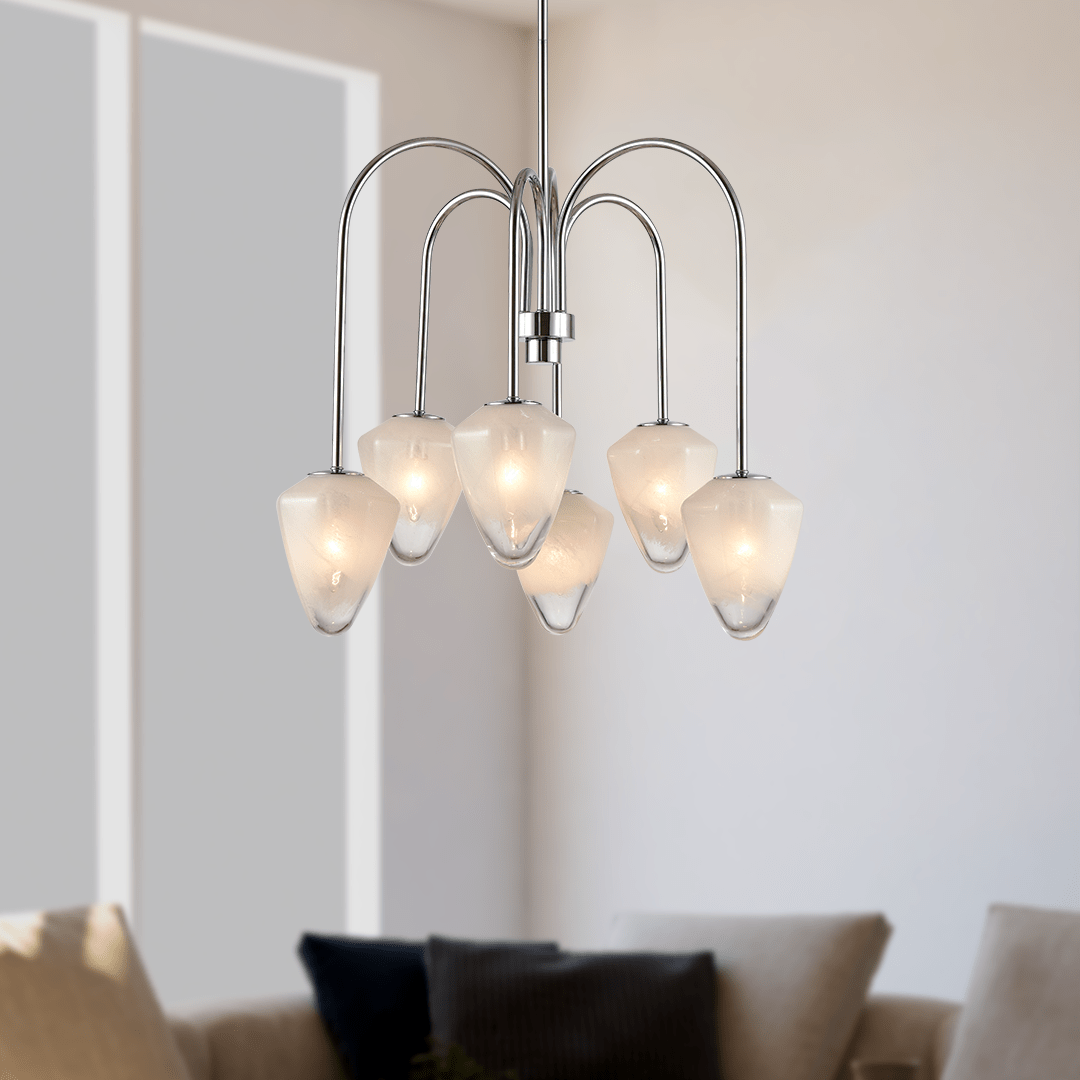 Flower Chandelier, 6-Light E12 Base, Polished Nickel Finish hardware with Snow White Glass Shades-Modern and Contemporary Chandelier - 24”D x 20“H
