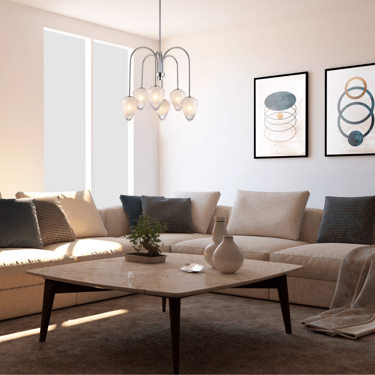 Flower Chandelier, 6-Light E12 Base, Polished Nickel Finish hardware with Snow White Glass Shades-Modern and Contemporary Chandelier - 24”D x 20“H