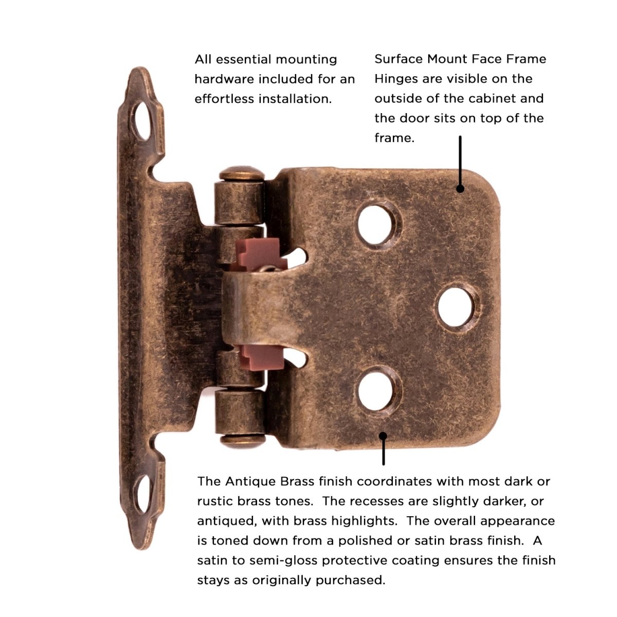 Flush Cabinet Hinges Surface Face Frame Self-Close (2 Hinges/Per Pack) in Antique Brass - Hickory Hardware