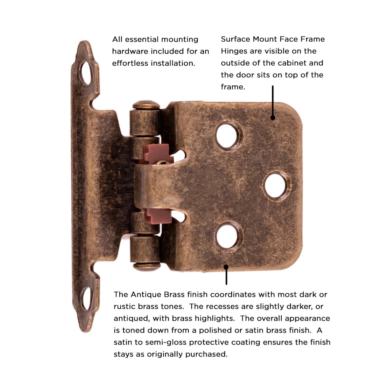 Flush Cabinet Hinges Surface Face Frame Self-Close (2 Hinges/Per Pack) in Antique Brass - Hickory Hardware