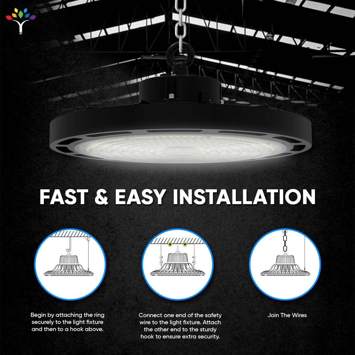 Gen13 100W UFO LED High Bay Light, 4000K, AC120-277V, 90° PC lens, IP65 Factory Warehouse Industrial Lighting, Black