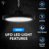 Gen13 UFO LED High Bay Light, 200W, 4000K, 28,600LM, AC120-277V, IP65 Waterproof, UL, DLC Listed, 0-10V Dimmable, Plug & Play Lighting for Warehouse Workshop Factory Barn Garage Area Lighting Fixture