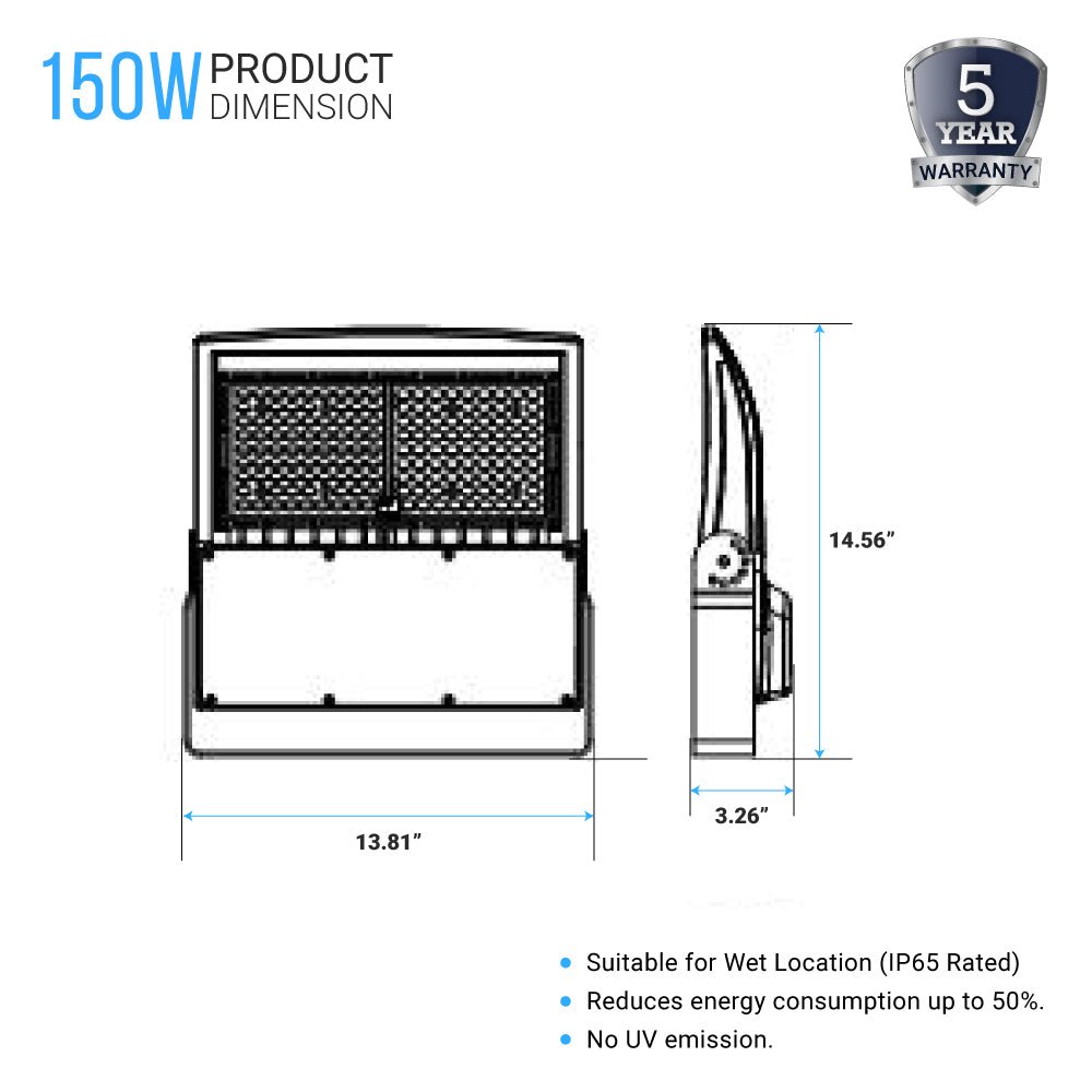 Gen14B 100W/120W/150W Watt Changeable LED  Flood Light Outdoor 5700K Daylight White, 21,000LM Black, Dimmable, UL, DLC Premium, IP65 Waterproof LED Security Area Lights for Yard, Parking Lot, Playground & Stadium Lights