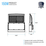 Gen14B 100W/120W/150W Watt Changeable LED  Flood Light Outdoor 5700K Daylight White, 21,000LM Black, Dimmable, UL, DLC Premium, IP65 Waterproof LED Security Area Lights for Yard, Parking Lot, Playground & Stadium Lights