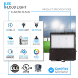 Gen14B 100W/120W/150W Watt Changeable LED  Flood Light Outdoor 5700K Daylight White, 21,000LM Black, Dimmable, UL, DLC Premium, IP65 Waterproof LED Security Area Lights for Yard, Parking Lot, Playground & Stadium Lights