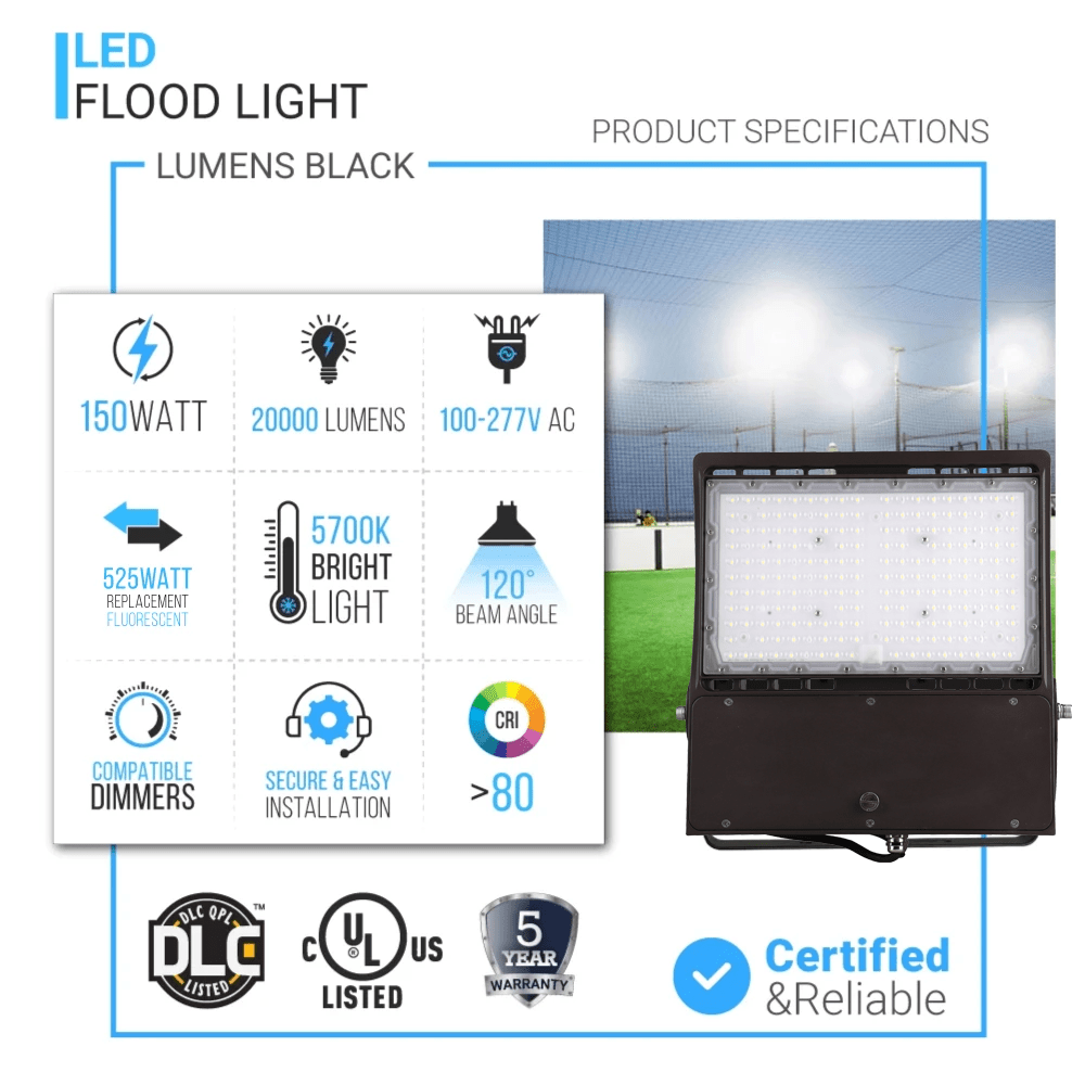 Gen14B 100W/120W/150W Watt Changeable LED  Flood Light Outdoor 5700K Daylight White, 21,000LM Black, Dimmable, UL, DLC Premium, IP65 Waterproof LED Security Area Lights for Yard, Parking Lot, Playground & Stadium Lights