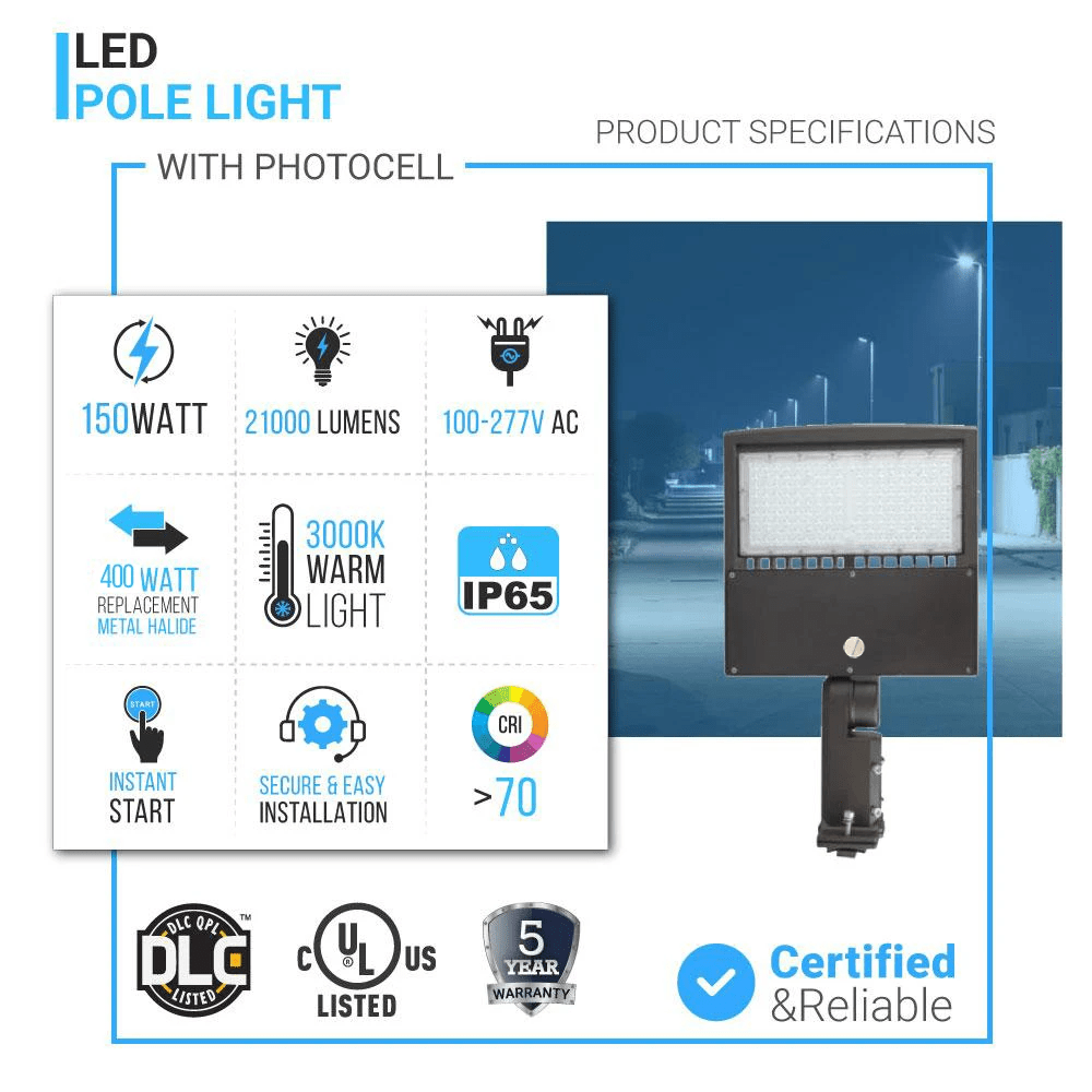 Gen14B LED Pole Light with Dusk to Dawn Photocell, 150W/120W/100W Wattage Adjustable, 3000K, 128 LM/W, Universal Mount, Bronze, AC120-277V, IP65 Waterproof, LED Parking Lot Lights - Outdoor Commercial Area Street Lighting